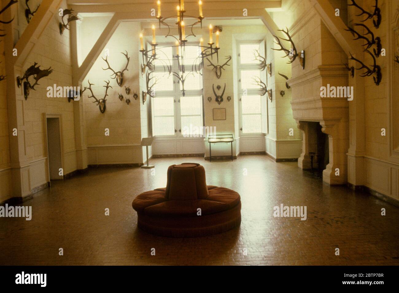 Sala con trofei di caccia al cervo all'interno del Castello di Chambord Foto Stock