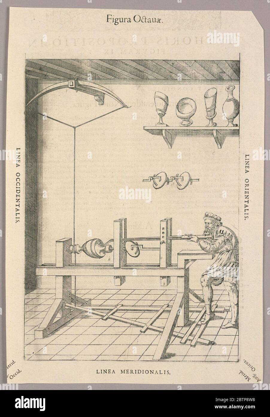 Piastra VIII di Theatrum instrumentorum et machinarum. Ricerca in ProgressMan a destra lavorando su un tornio di legno. Pedane sul pavimento collegate tramite corda a una corda di un arco, in alto a sinistra, sul soffitto. Sul ripiano, in alto a destra, più bobine per la rotazione. Pezzi di smerigliatura con lame a parete. L'uomo tiene una sezione di un arco. Foto Stock