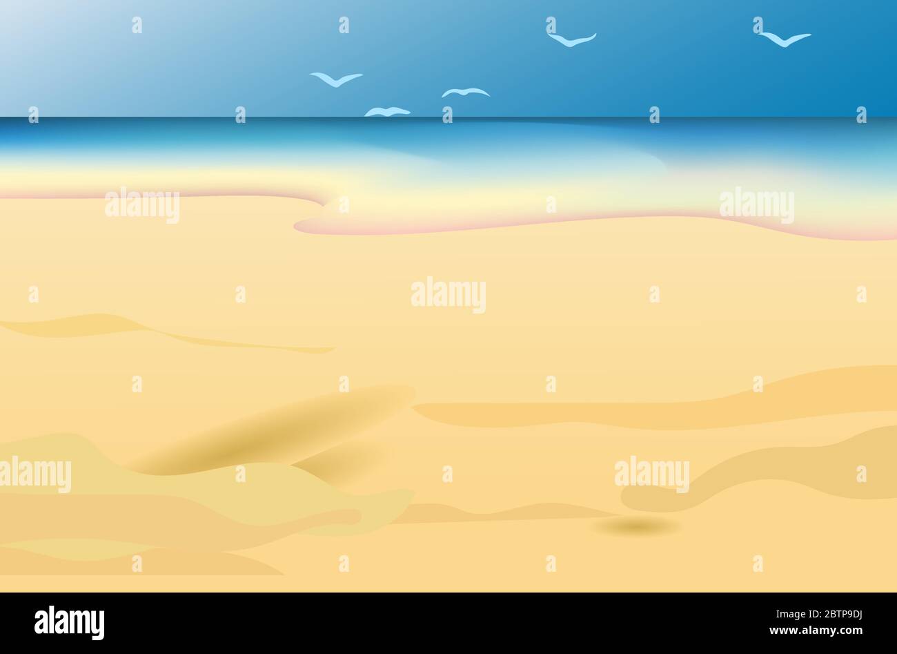 Illustrazione della spiaggia vettoriale. Oceano e sabbia. Costa. Modello per la pubblicità delle agenzie di viaggio Illustrazione Vettoriale