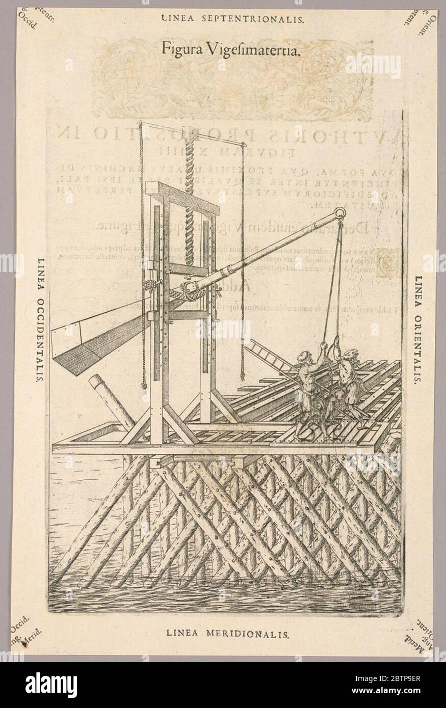 Piatto XXIII di Theatrum instrumentorum et machinarum. Ricerca in ProgressMachine per la guida di pali diagonali per i piloni, ecc. UN palo con una corda ad un'estremità, destra, tirata da due uomini, e un grande peso rettangolare all'altro, è fatto cadere sul palo ad un angolo. È sostenuto da un telaio di legno e corda. Foto Stock