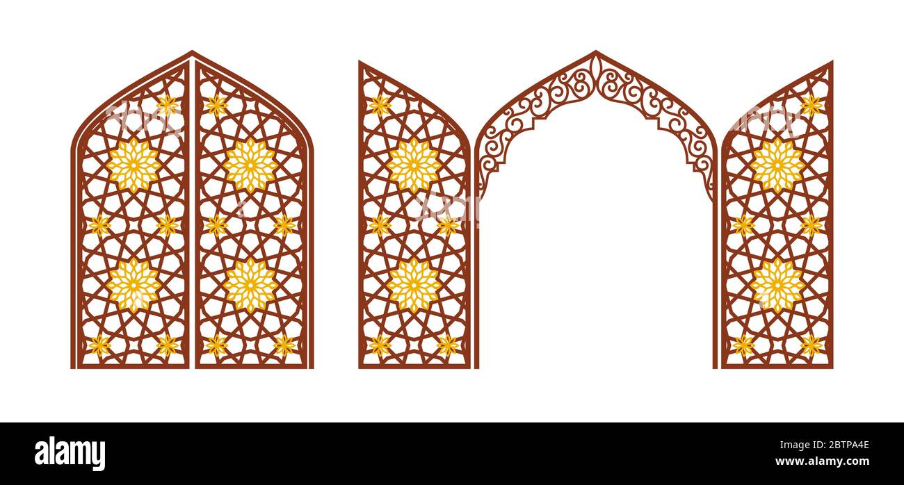 Cancello intagliato ad arco con ornamento arabico. Layout per il ritaglio. Illustrazione Vettoriale