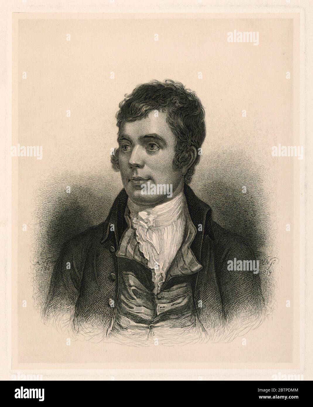 Ritratto di Robert Burns. Ricerca in ProgressHalflength ritratto del poeta scozzese Robert Burns (1759-1796), mostrato rivolto frontalmente, il suo sguardo rivolto leggermente a sinistra. Il suo gilet è a metà senza bottoni, rivelando un stock di lino bianco. Foto Stock