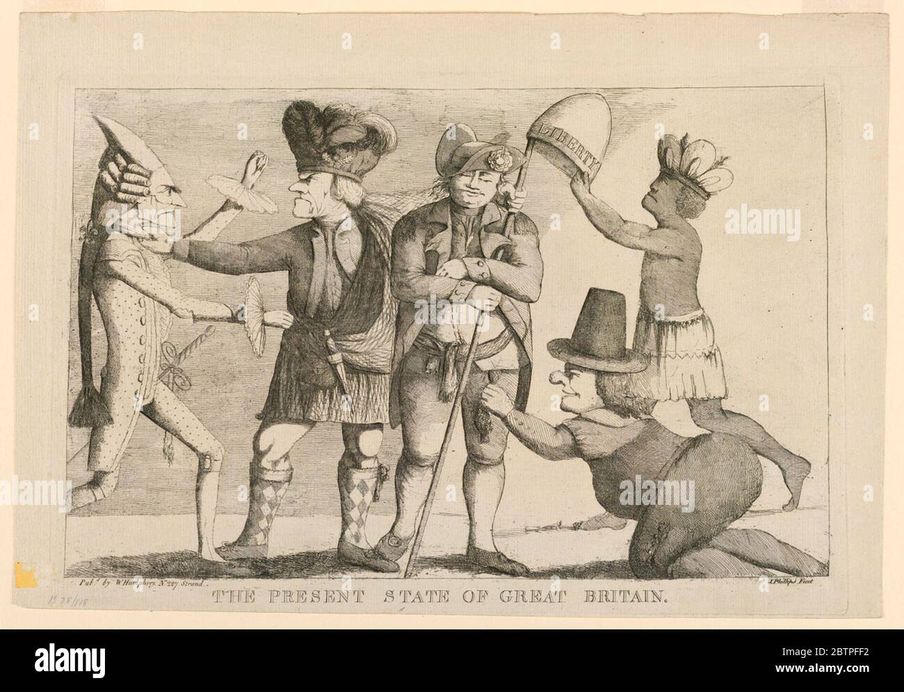 L'attuale Stato della Gran Bretagna. Ricerca in ProgressCartoon politico che mostra un pellegrino e un nativo americano derubare un colonista che si trova al centro, spianando. A sinistra, uno Scotsman combatte con un poliziotto francese. Foto Stock
