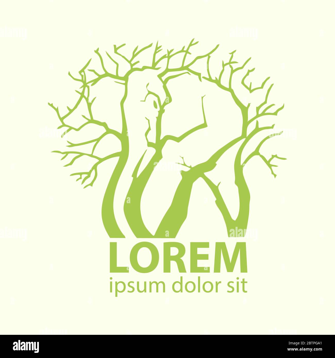 Icona con il logo di un elefante verde e di un albero Illustrazione Vettoriale