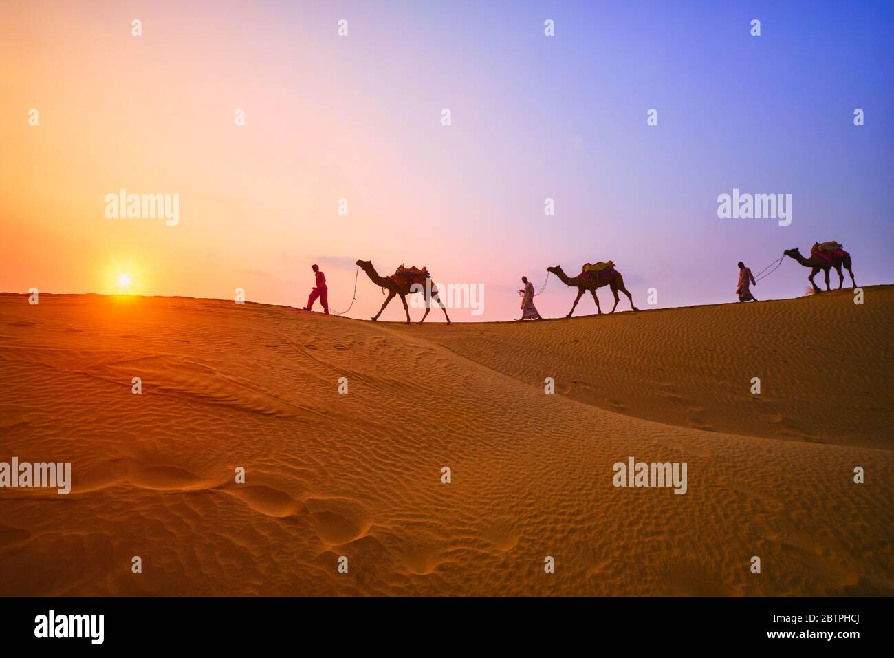 Camaleatori indiani driver cammello con silhouette cammello in dune al tramonto. Jaisalmer, Rajasthan, India Foto Stock