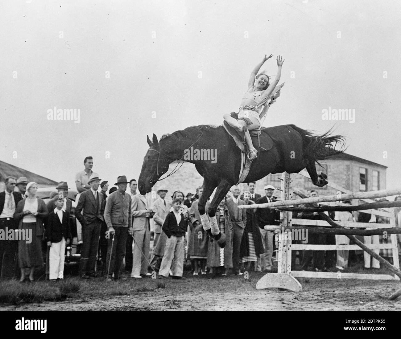Mani su! . Dorothy Herbert , una ragazza audace rider , prende un salto di cinque piedi e mezzo senza tenere le redini del suo cavallo a Sarasota , Florida, Stati Uniti Foto Stock