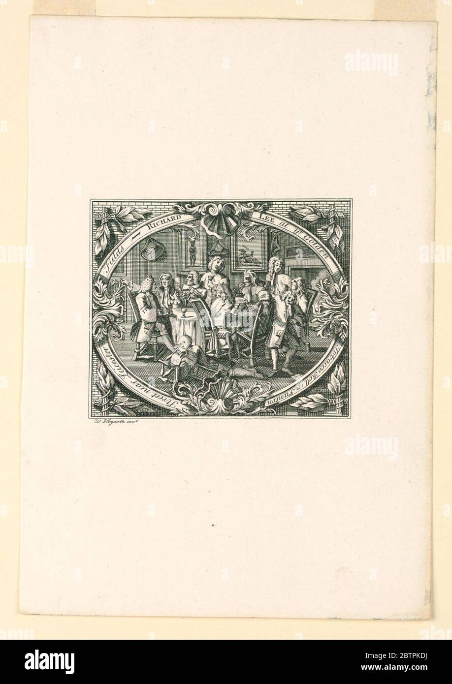 Richard Lees Shop Card. La ricerca in Progressa cornice rettangolare con apertura ovale mostra una scena interna di un incontro. Dieci uomini intorno ad un tavolo rotondo stanno bevendo. Foto Stock