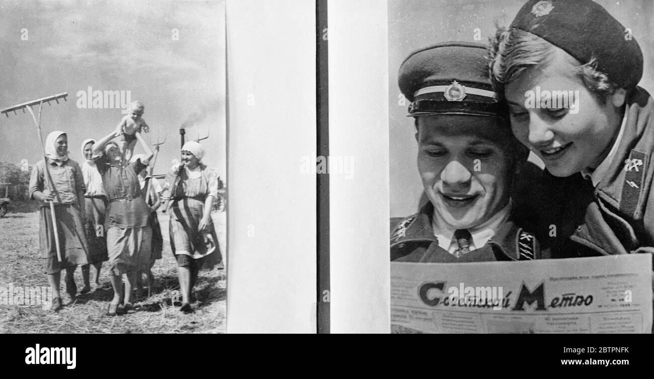 Mostra fotografica russa a Londra. Una mostra di fotografia moderna russa è stata aperta presso la sede della Royal Photography Society a Russell Square, Bloomsbury, Londra. M Maisky, ambasciatore sovietico, è stato uno dei primi visitatori. Foto mostra, in cima, ' una madre felice di M B Markoval, e sulla destra, dipendenti della metropolitana sovietica a Mosca da o V Ignatovitch. 17 giugno 1937 Foto Stock