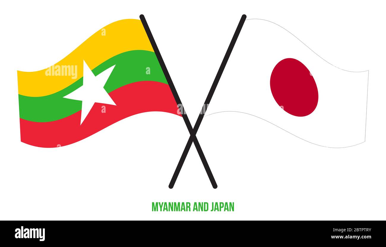 Myanmar e Japan Bandiere incrociate e ondulate stile piatto. Proporzione ufficiale. Colori corretti. Foto Stock