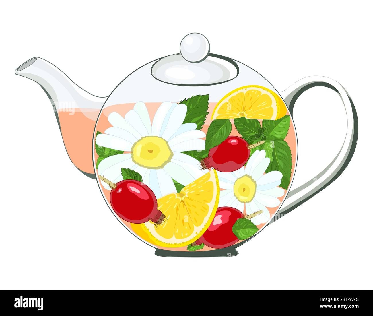 Teiera in vetro per saldatura . L'erba del tè, i fiori sono prodotti. Limone, camomilla, rosa canina, menta. Vettore .Vector Illustrazione Vettoriale