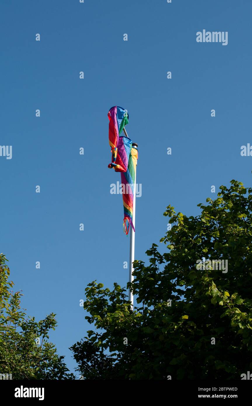 un flagpole in un giardino con decorativi maniche colorate Foto Stock