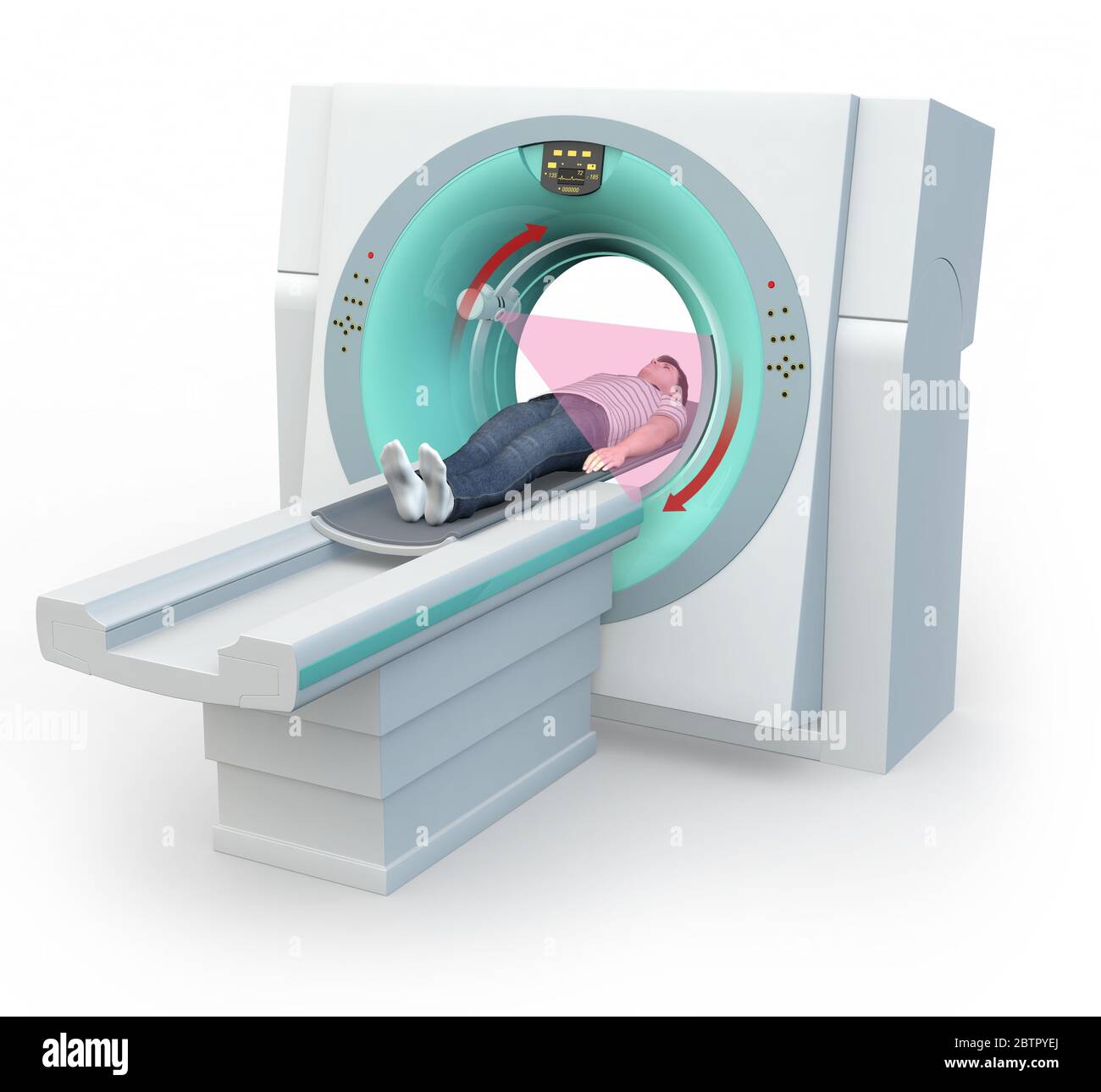 Illustrazione 3D medica che mostra un uomo in una macchina TC Foto Stock