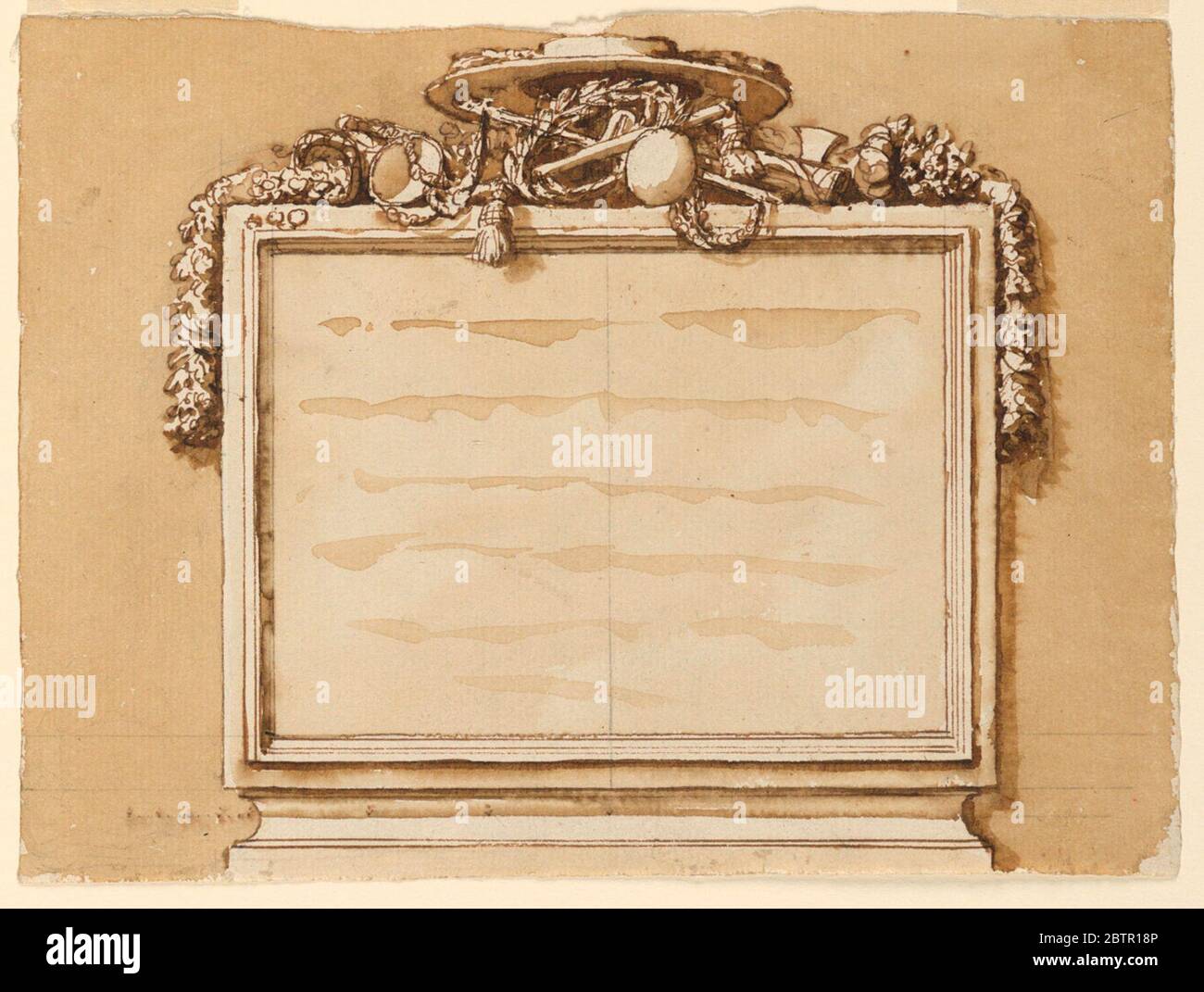 Telaio in piedi. Ricerca in Progressa stampato oblunga su una base stampata. Al centro, in cima, ci sono un paio di scale, una flagello militare, fascie circondate da una corona, e sotto un cappello del prelato. Ghirlande sospese che si sprigionano dalle cornucopie, lateralmente. Indicazione di un'iscrizione all'interno. Foto Stock