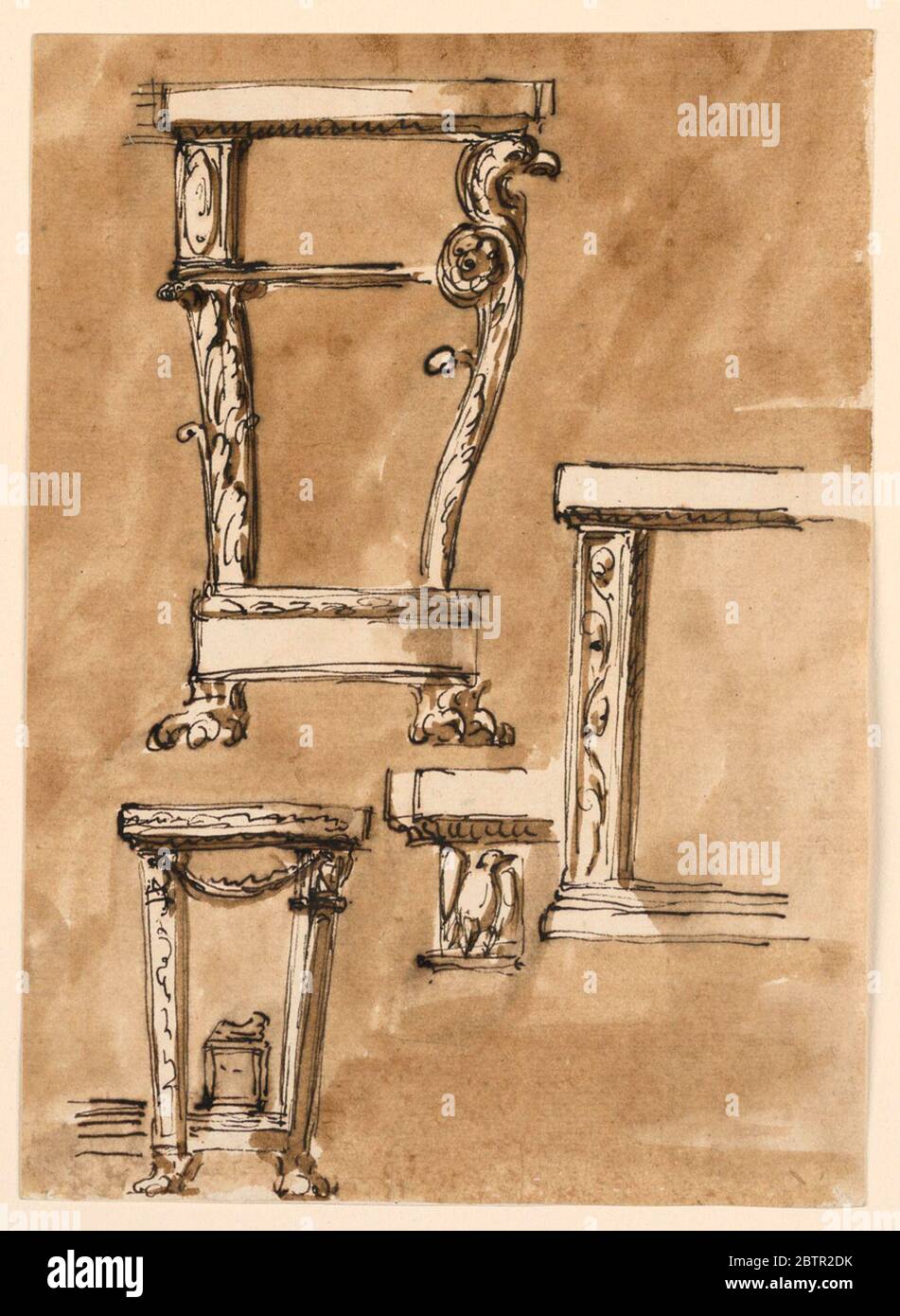 Tabelle. Ricerca in ProgressAvre, a sinistra, progettare un tavolo tondo con suggerimenti alternativi, sostenuto da piedini di leone che sono collegati da una sorta di pannello angolare sopra uno stampo di collegamento. Foto Stock