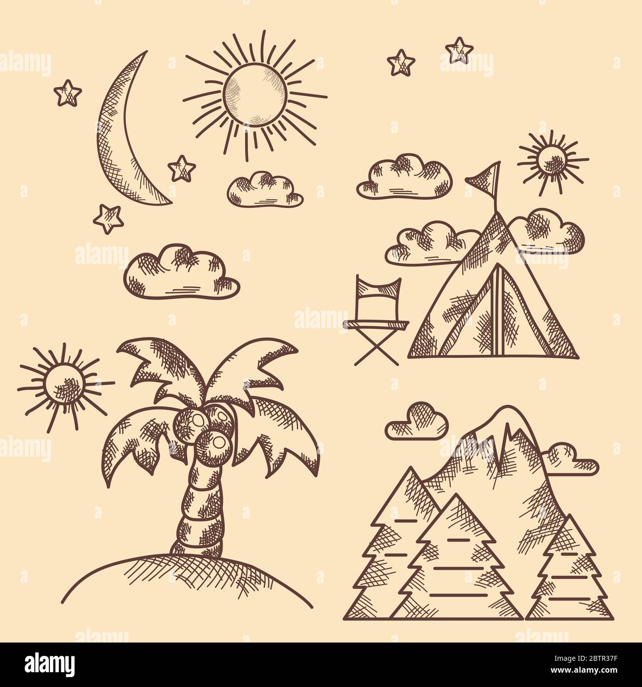 Set di icone disegnate a mano. Vintage. Tipi di ricreazione, natura, palme, montagna. Raccolta di immagini vettoriali. Illustrazione Vettoriale