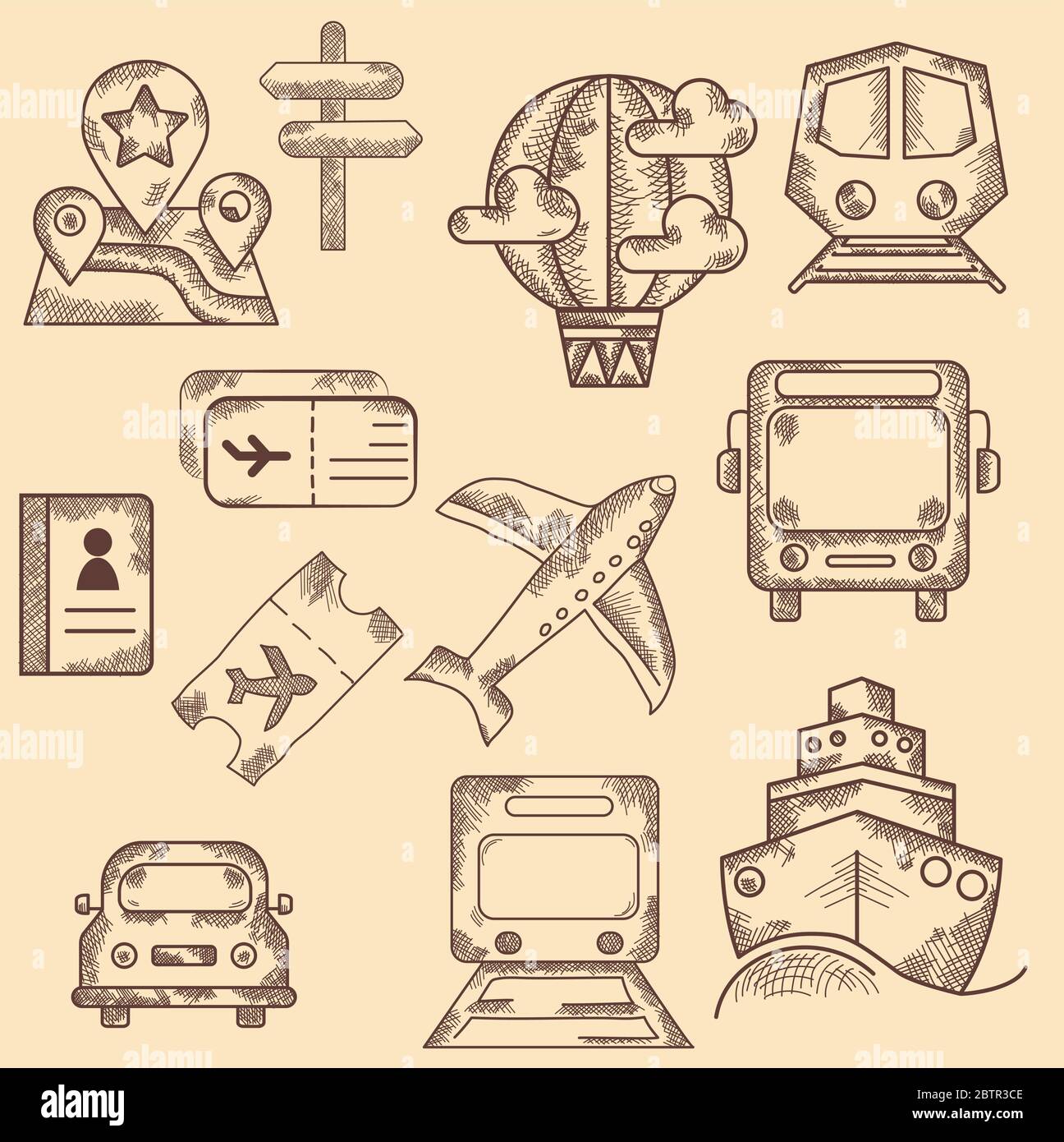 Set di icone disegnate a mano. Trasporto, viaggio e strada. Vintage. Illustrazione della doodle portatile. Illustrazione Vettoriale