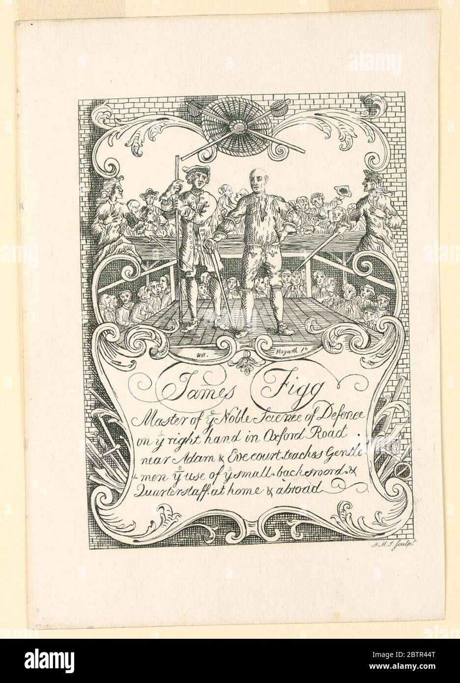 Biglietto per James Figg. Research in ProgressIl biglietto è diviso in due parti. La parte superiore mostra un uomo su un palcoscenico di recinzione, circondato su tre lati da onlookers. Sotto, una targa con iscrizione. Foto Stock
