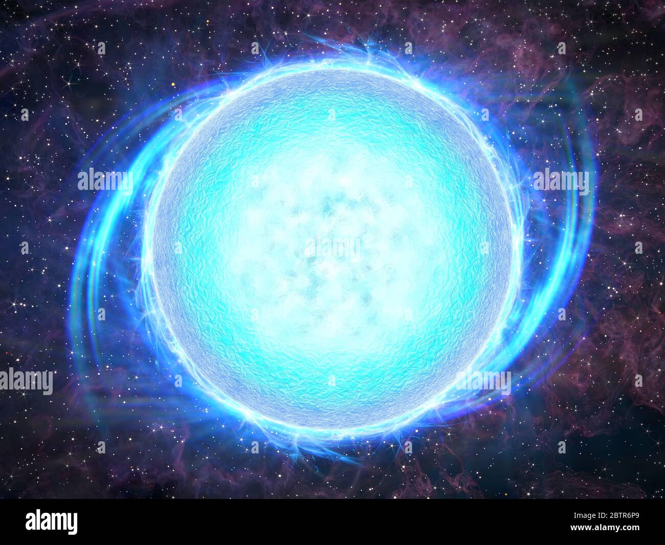 Primo piano su un concetto supernova con emissione di raggi, nebulosa e stelle di sfondo Foto Stock