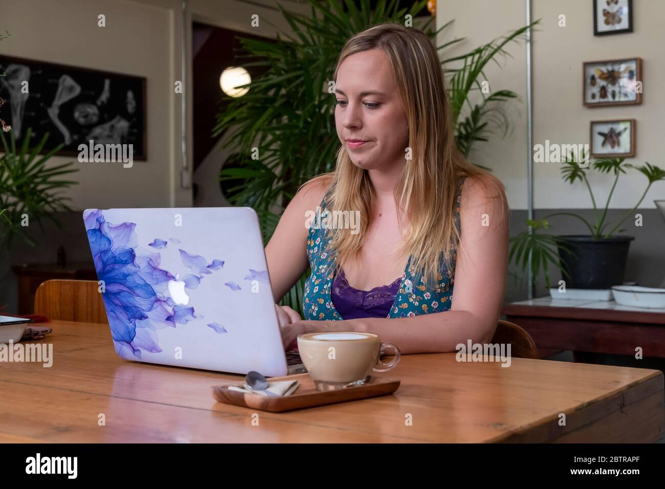 Una donna che lavora su un computer portatile, con una tazza di caffè in un ufficio domestico o in un caffè Foto Stock