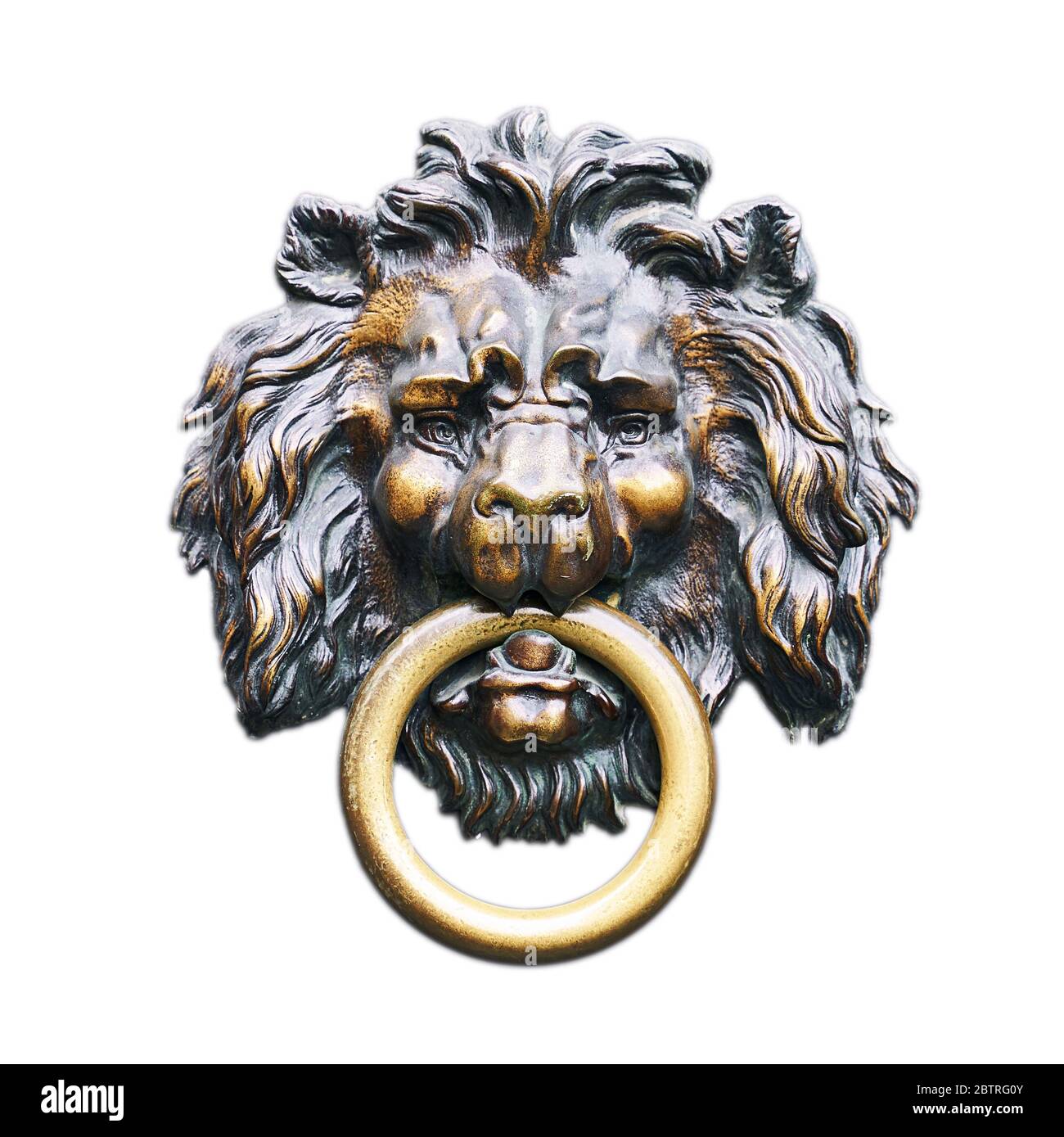 Testa di leone vintage in bronzo isolata su sfondo bianco Foto Stock