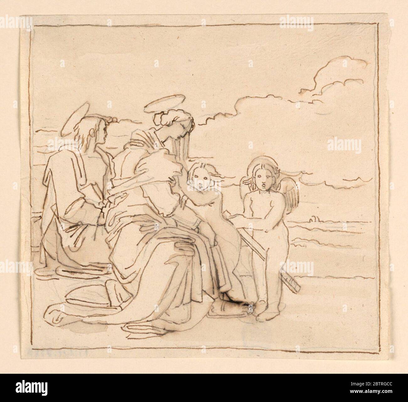 La Vergine col Bambino un Angelo e una ragazza seduta. Ricerca in ProgressLa Vergine, rivolta verso destra, si inginocchia sul ginocchio sinistro. Il neonato si trova accanto a lei come se desiderasse protezione. Un angelo, in piedi accanto, a destra; a sinistra siede una ragazza con un libro nella sua mano destra. Linea di framing. Foto Stock