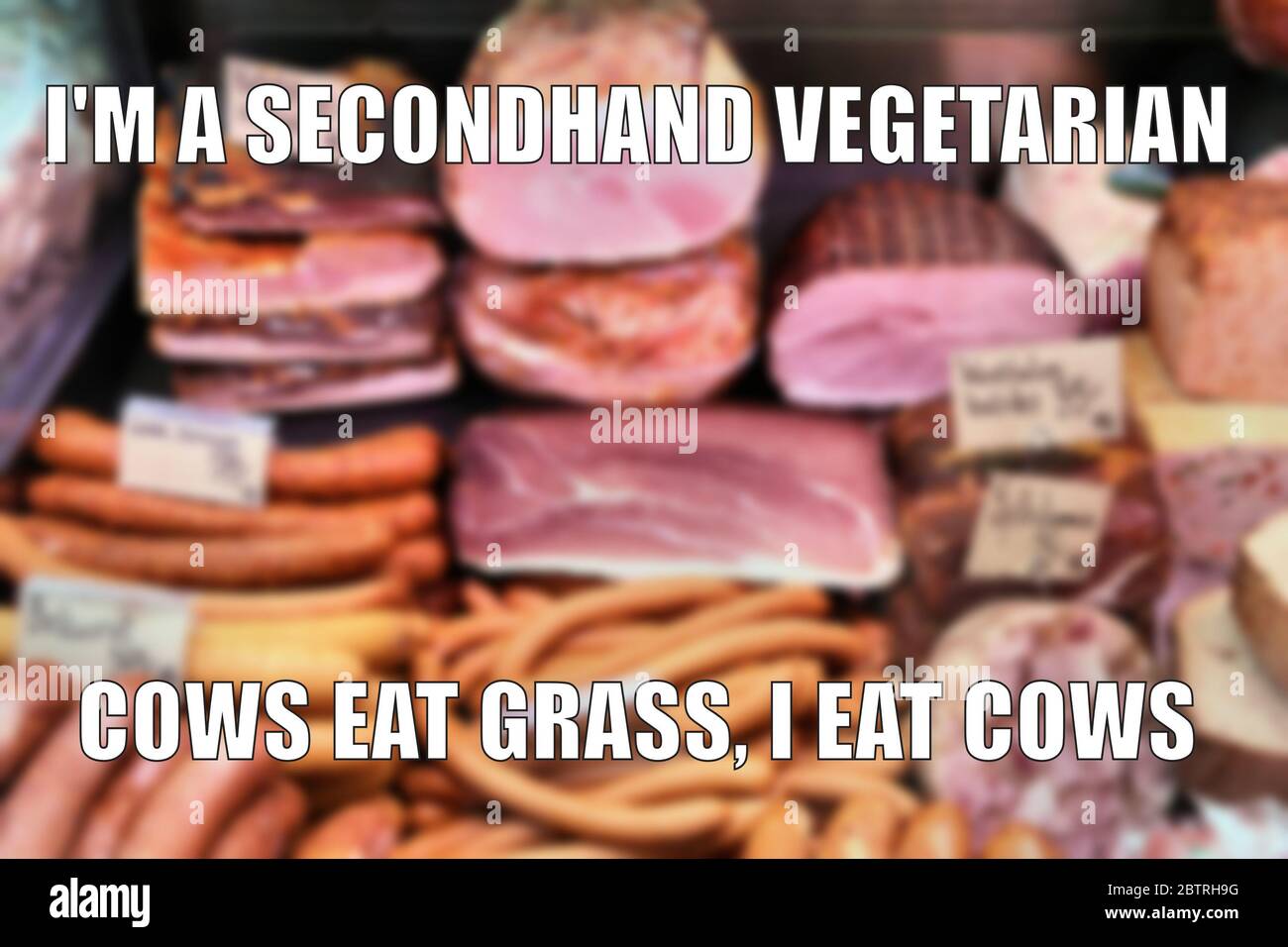 Carne mangiatore secondmano vegetariano divertente meme per la condivisione dei social media. Foto Stock