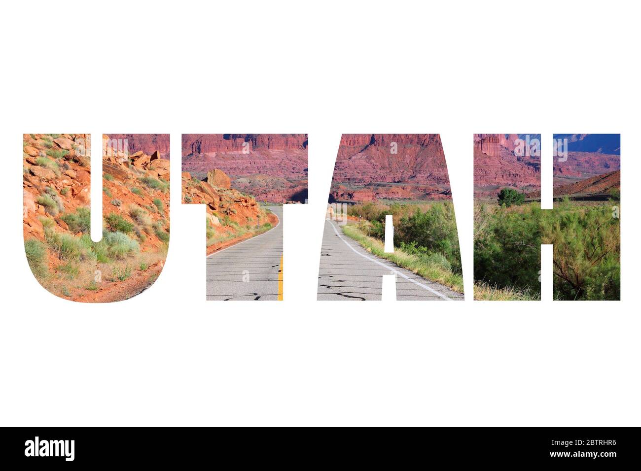 Segno Utah - nome di stato degli Stati Uniti isolato su bianco con paesaggio di sfondo. Foto Stock