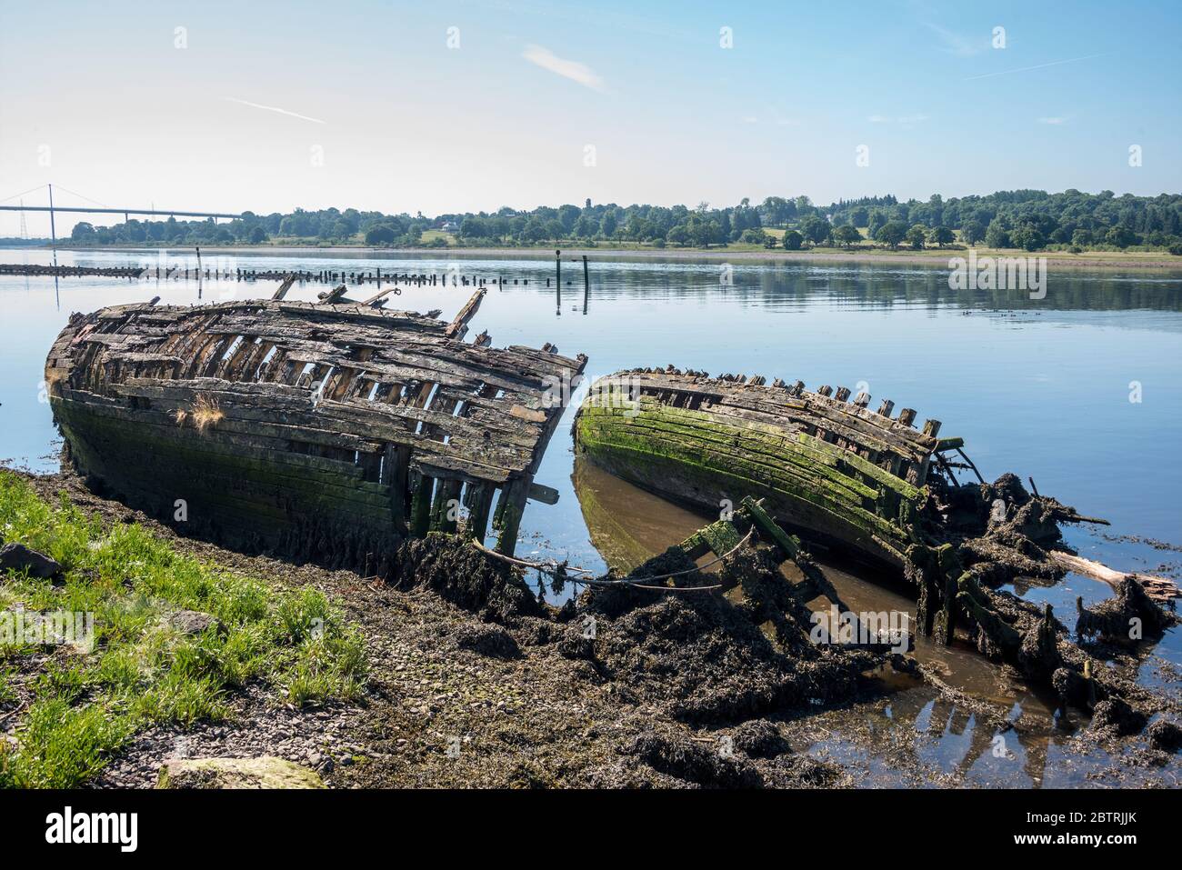 Barche di derelict a Bowling Harbour, West Dunbartonshire. Foto Stock