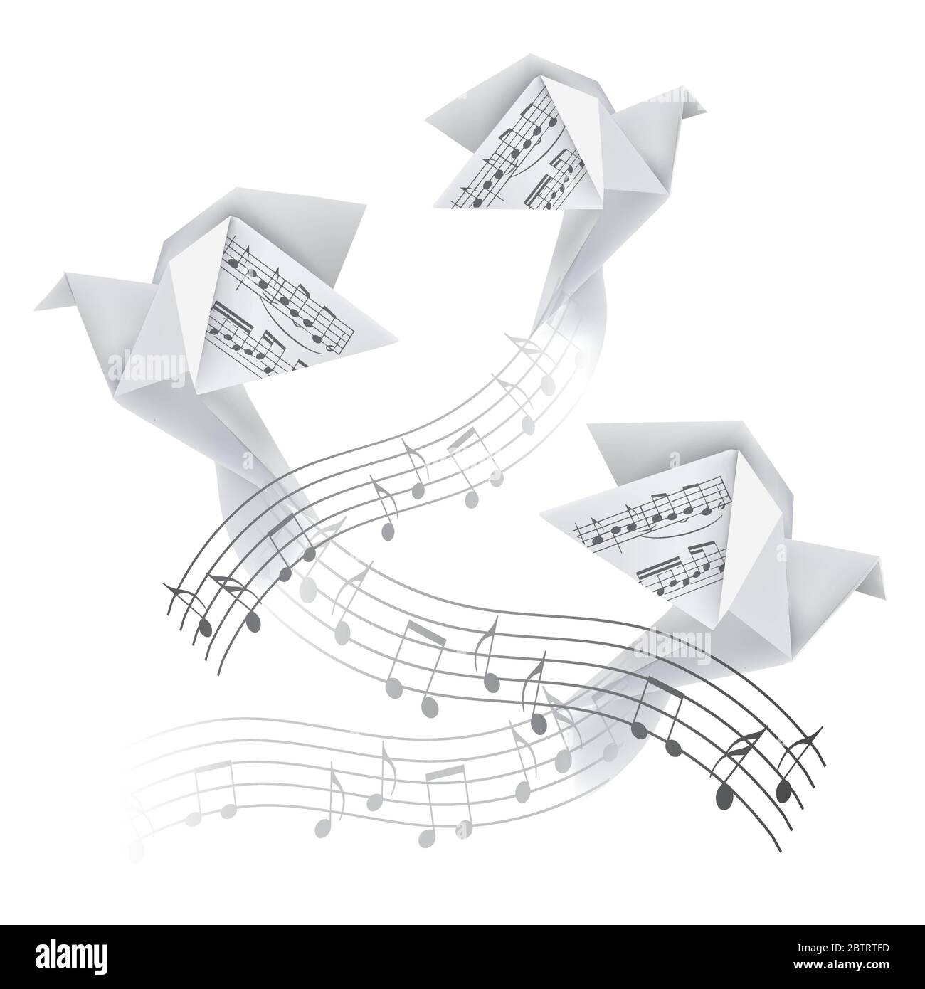 Tre colombe Origami con note musicali. Illustrazione stilizzata di piccioni di carta su onda con note musicali. Motivo musicale poetico. Vettore disponibile. Illustrazione Vettoriale