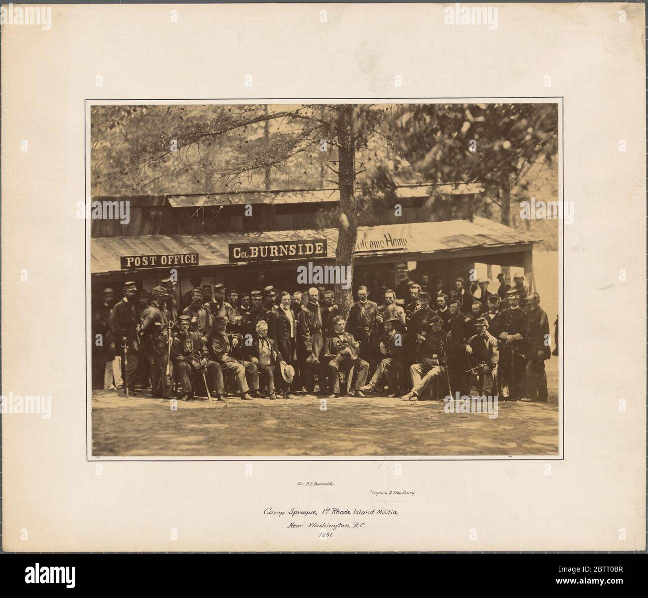 Burnside e la prima RI Milizia a Camp Sprague. All'inizio della guerra civile, Ambrose Burnside, laureato a West Point, fu dato il comando della prima fanteria Volontario di Rhode Island, che guidò nella prima Battaglia di Bull Run. Foto Stock