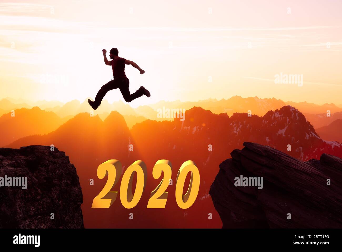 Avventura e sfida Concept composito di uomo che attraversa un gap tra le scogliere Foto Stock