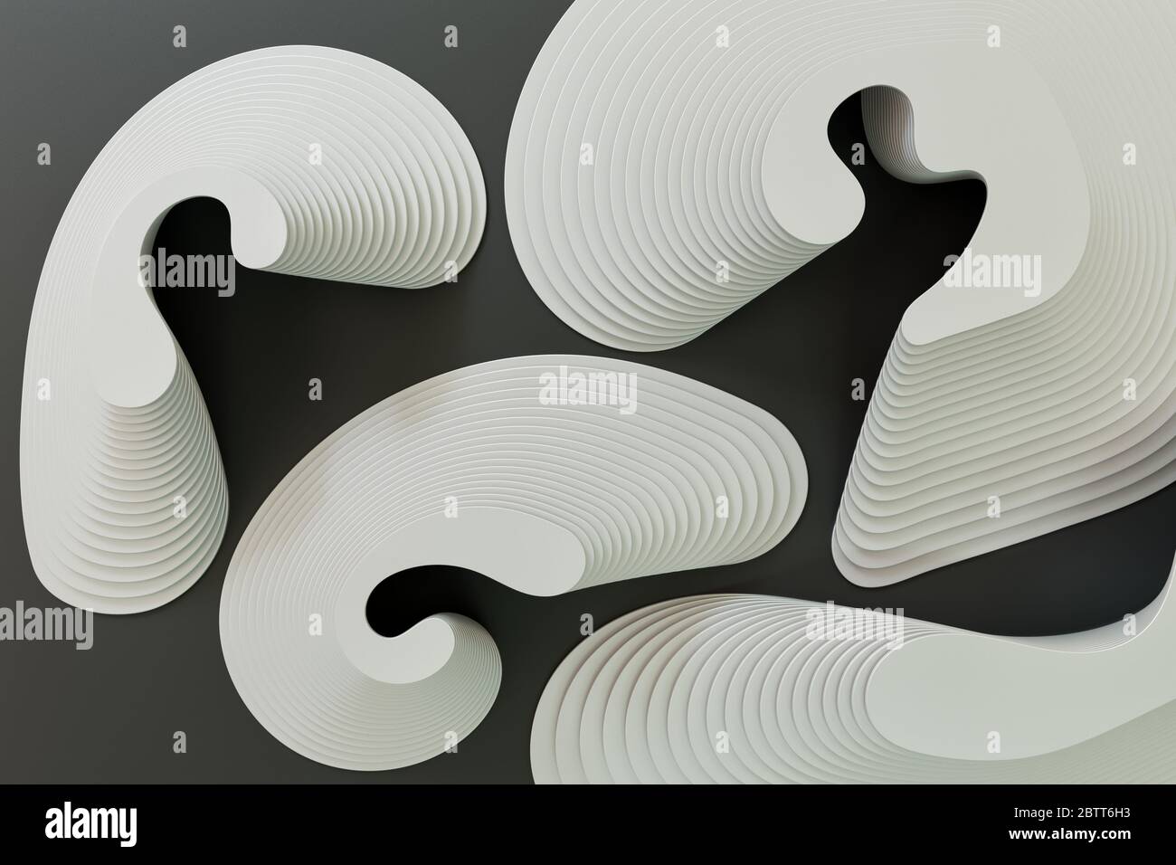 Rendering 3D di linee curve astratte bianche su superficie opaca nera Foto Stock