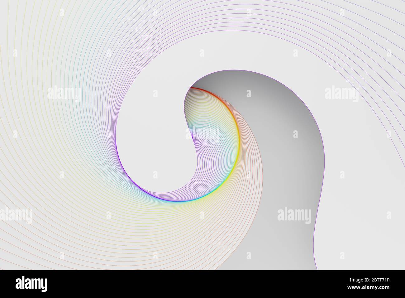 Rendering 3D di sfondo astratto, curve bianche convergenti in una spirale arcobaleno Foto Stock