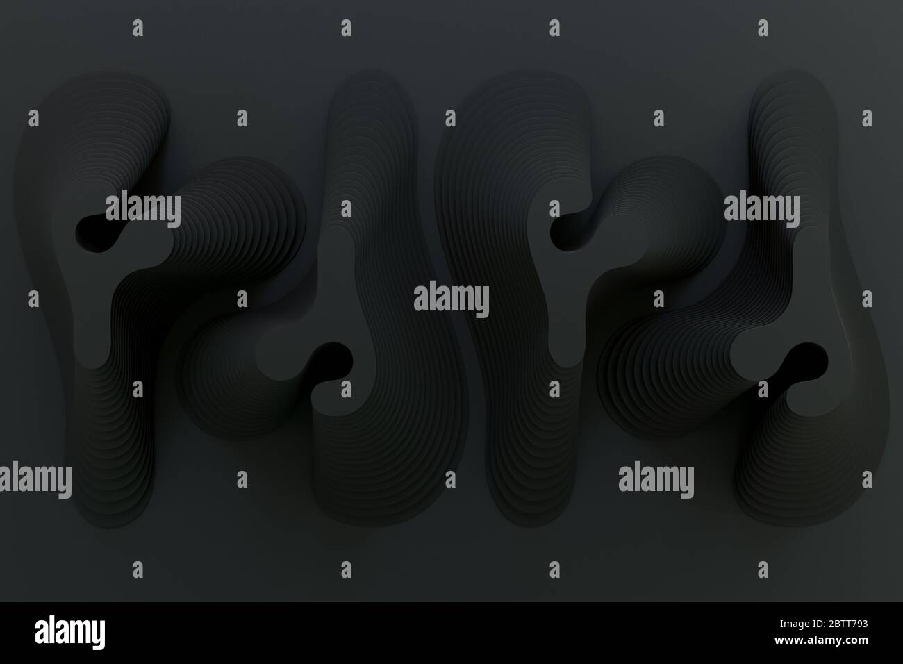 Rendering 3D di linee curve astratte nere su sfondo nero opaco Foto Stock
