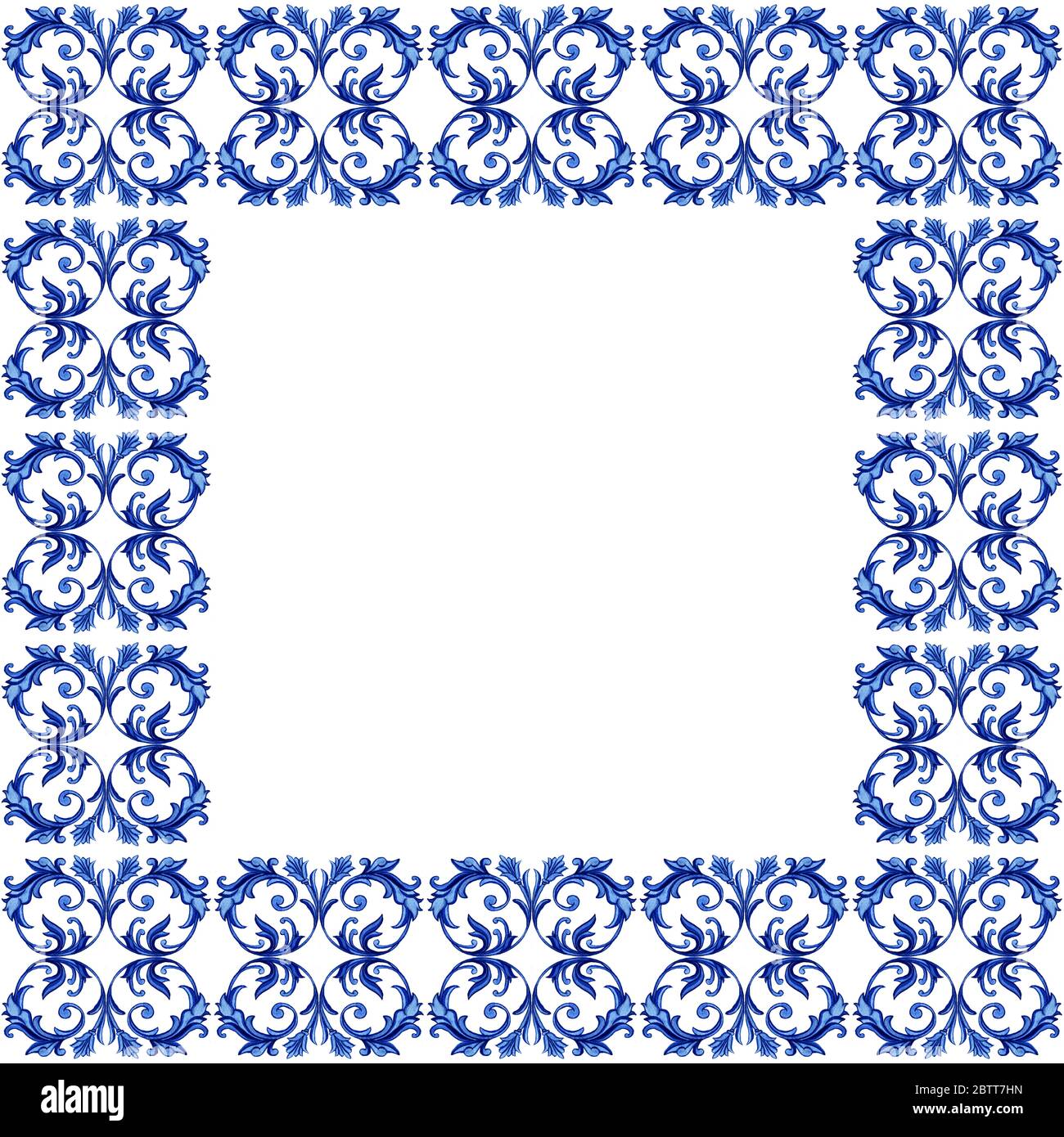 Portoghese Azulejos telaio piastrella. Tradizionale decorazione in piastrelle di mosaico portoghese. Bordo blu acquerello. Ceramiche antiche, abbellite, patrimonio. Pannello dipinto con motivi floreali Foto Stock