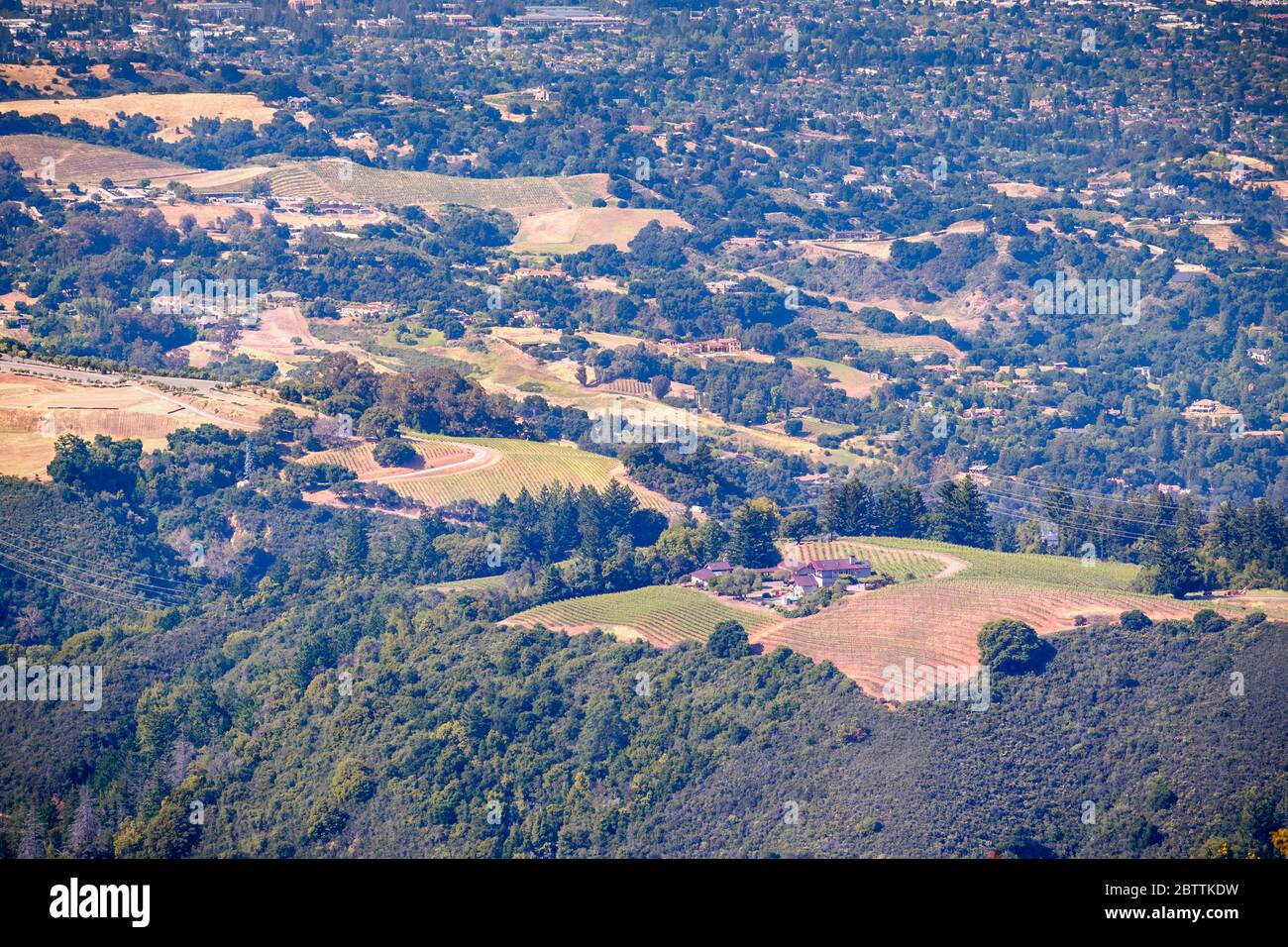 Vista aerea delle colline coperte da vigneti e palazzi nelle montagne di Santa Cruz, Saratoga, California Foto Stock