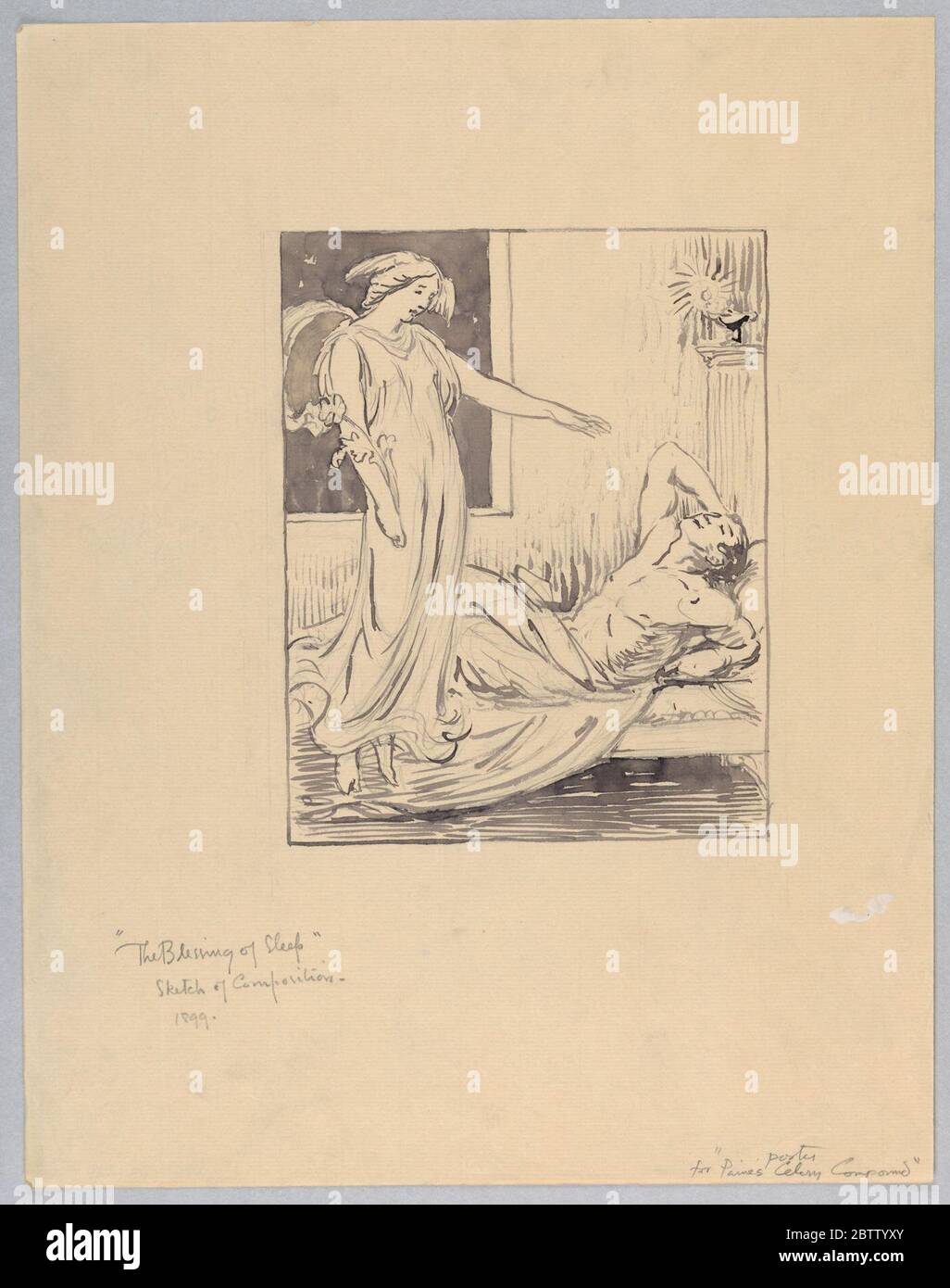 La benedizione dello studio del sonno per un Poster per Paines Celery composto. Ricerca in ProgressDrapped donna a sinistra con attributi di Hypnos (testa alata e papavero) si sposta a sinistra di fronte a una finestra che si apre su di nero. Il suo braccio è stagliato sopra un uomo reclinato, in posizione supina su un divano basso a destra. Foto Stock