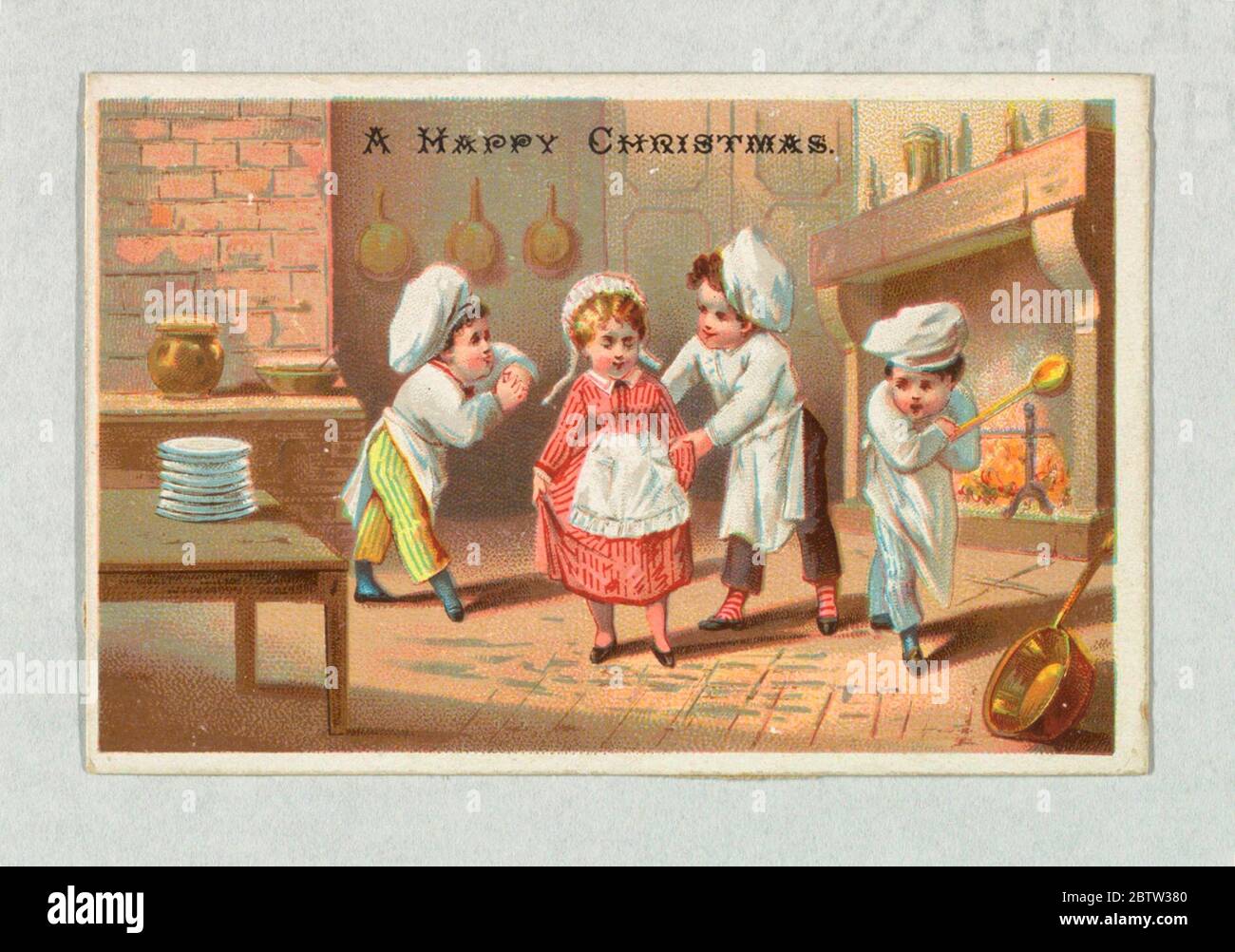 Saluto di Natale. Ricerca in ProgressChildren sono visti occupati in una cucina. Sono vestiti come tre cuochi e una cameriera della cucina. In alto: 'Un buon Natale'. Foto Stock