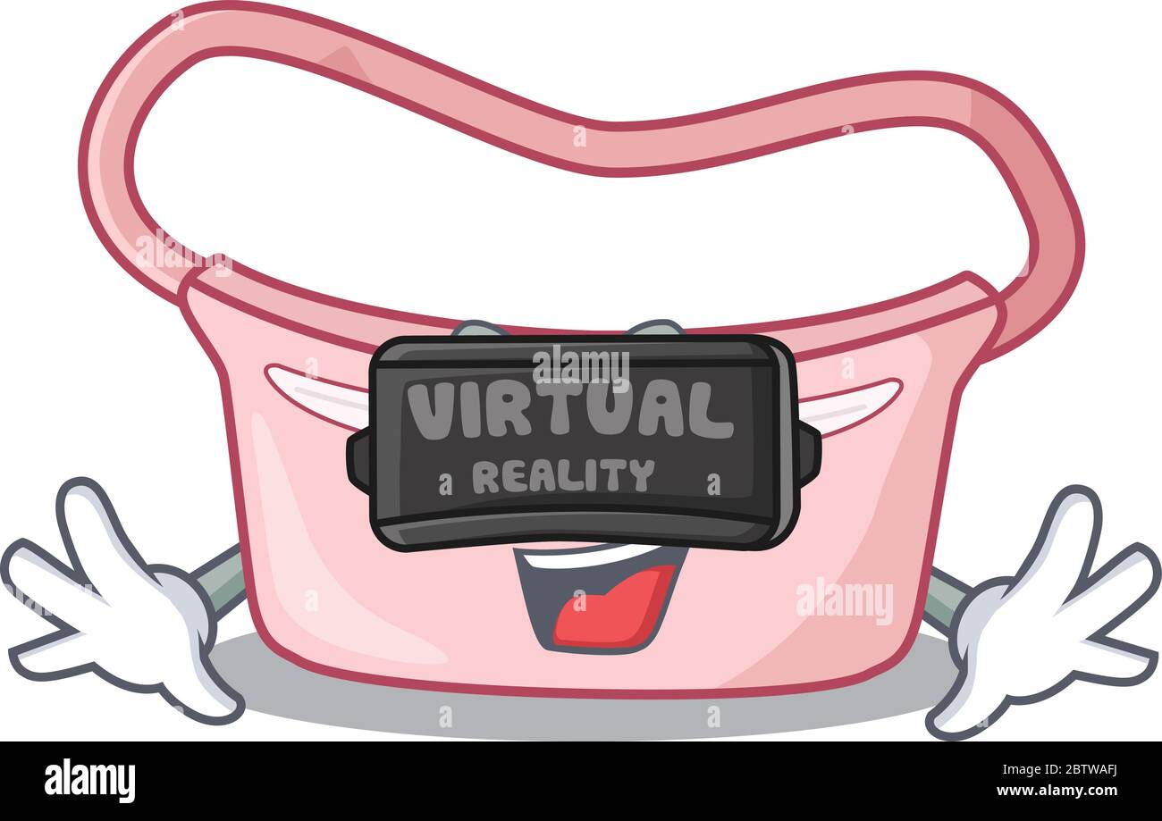 Un'immagine cartoon della borsa da vita femminile che utilizza le moderne cuffie per la realtà virtuale Illustrazione Vettoriale