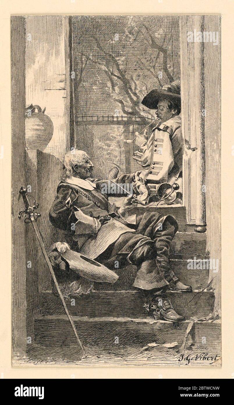 Cavaliers in conversazione inattiva. Ricerca in ProgressOn un volo di passi che conducono attraverso una porta aperta due Cavaliers sedersi a conversare in modo folle e fumare tubi di argilla. La spada di quella si appoggia, si abbassa, contro una volontà in primo piano a sinistra. Vista con alberi sullo sfondo attraverso la porta. Foto Stock