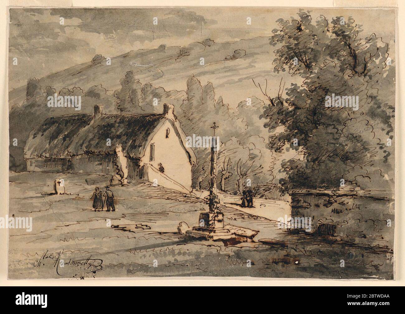 Un cimitero in un villaggio. Ricerca in Progressa sono mostrati pochi lapidi e una croce. Un uomo e una donna si trovano sul luogo che è delimitato a destra dall'angolo del muro del parco, da una casa a sinistra. Una strada con due persone a piedi è mostrata ad un livello inferiore nel piano medio. Foto Stock