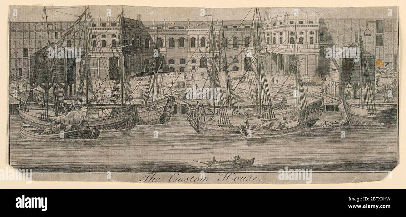 La Custom House London. Ricerca in ProgressLa vista è presa dal Tamigi guardando il principio façade della Casa personalizzata. Varie Shallops e altre navi in primo piano. Inscritto sotto: La Casa personalizzata. Foto Stock