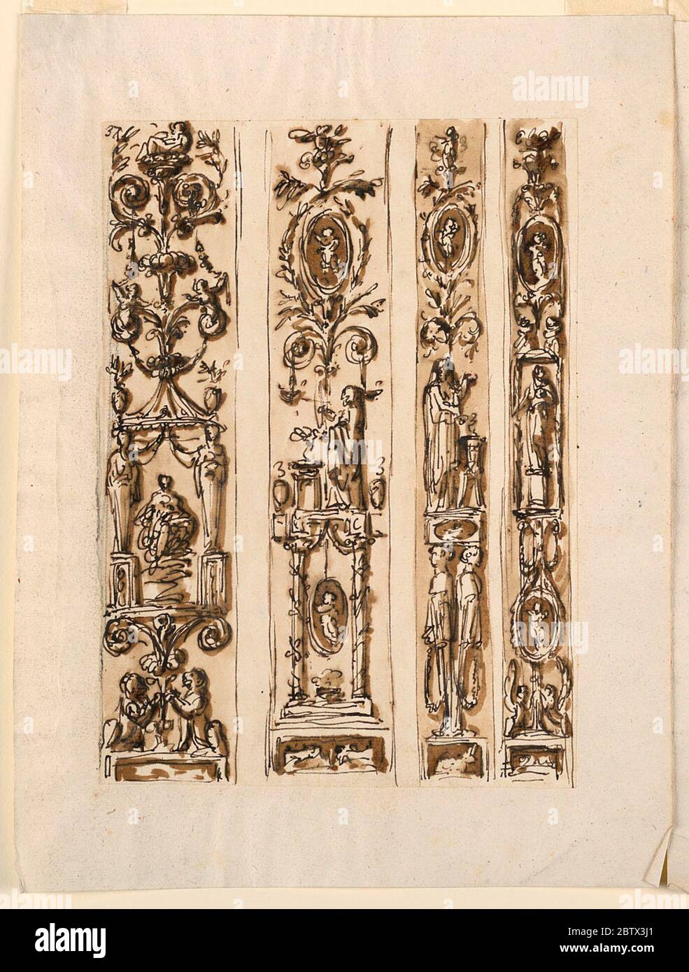 Disegno per la decorazione di quattro strisce di pilaster. Ricerca in ProgressOne accanto all'altro, separati da strisce vuote. Ogni decorazione segue lo schema del candelabro, partendo dal basso da una base scatolare. Le prime due strisce hanno una larghezza maggiore rispetto alle ultime. Foto Stock