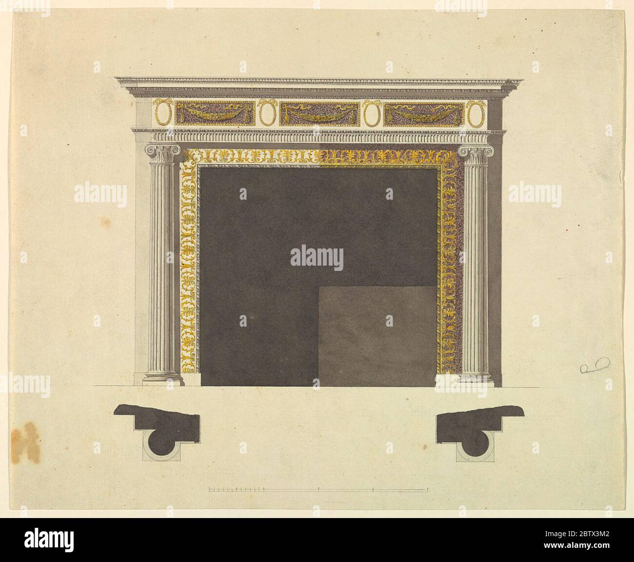 Design per un mantelpiece. Ricerca in ProgressIl telaio interno è costituito da modanature e dall'esterno, da un fregio la cui parte posteriore è suggerita bianca, a sinistra, di marmo colorato, a destra. E' decorata da una banda di palme e gemme. Di seguito sono riportate le basi. Foto Stock