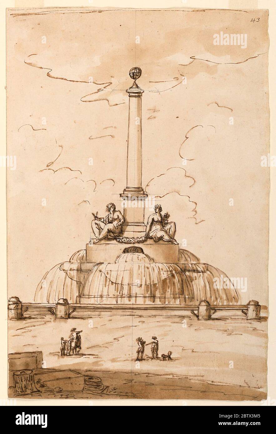 Design per una Fontana utilizzata da Paolo Emilio Barberi 1777 come Concorso partecipazione al Concerto Clementino Roma 1975 Accademia di San Luca. Ricerca in ProgressBelow sono due alti piedistallo, l'acqua che si riversa dai centri dei lati della tomaia in bacini davanti a quelli della parte inferiore; sulla parte superiore si erge una colonna con una sfera sulla parte superiore; accanto ad essa siedono obliquamente due donne, quella sinistra con un cerchio, la destra Foto Stock
