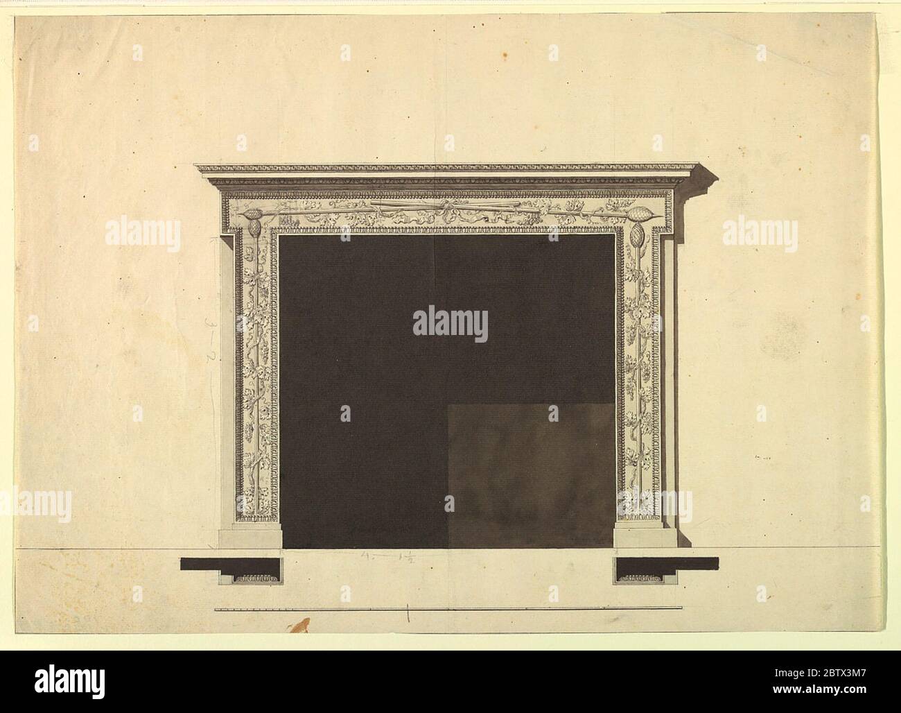 Design per un mantelpiece. La ricerca in ProgressBelow sono basi. Su di essi si trovano su plinti un telaio in forma TT, e una striscia verticale in receding su entrambi i lati. Il grame ha all'interno uno stampaggio con un ovolo e una fila di teste. E' decorata con un tirsi circondato da vite. Foto Stock