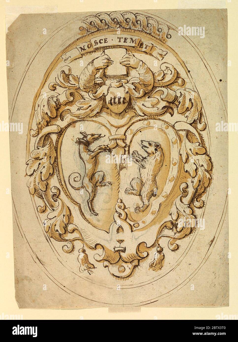 Design per uno stemma scolpito verso schizzi di disegni architettonici. Research in Progressa scrollwork escutcheon contiene due scudi con un levriero rampante e un orso rampante, rispettivamente. Due braccia si alzano dal casco; le mani tengono un libro. Sopra è presente una chiocciola con l'iscrizione NOSCE TEMET. Foto Stock