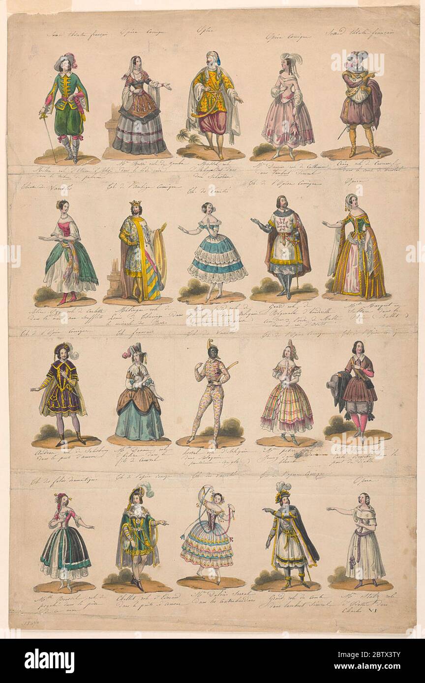Design per una stampa con venti costumi teatrali indossati nelle performance di Parigi. Ricerca in ProgressI dati vengono copiati dalle stampe. I teatri sono chiamati sopra le figure. Top ROW: Seconda: 'théatre français (Odeon) / Milon role d'etienne d'Alizi / dans le Tribun de Palerme - Opera / Comique / Mme. Foto Stock