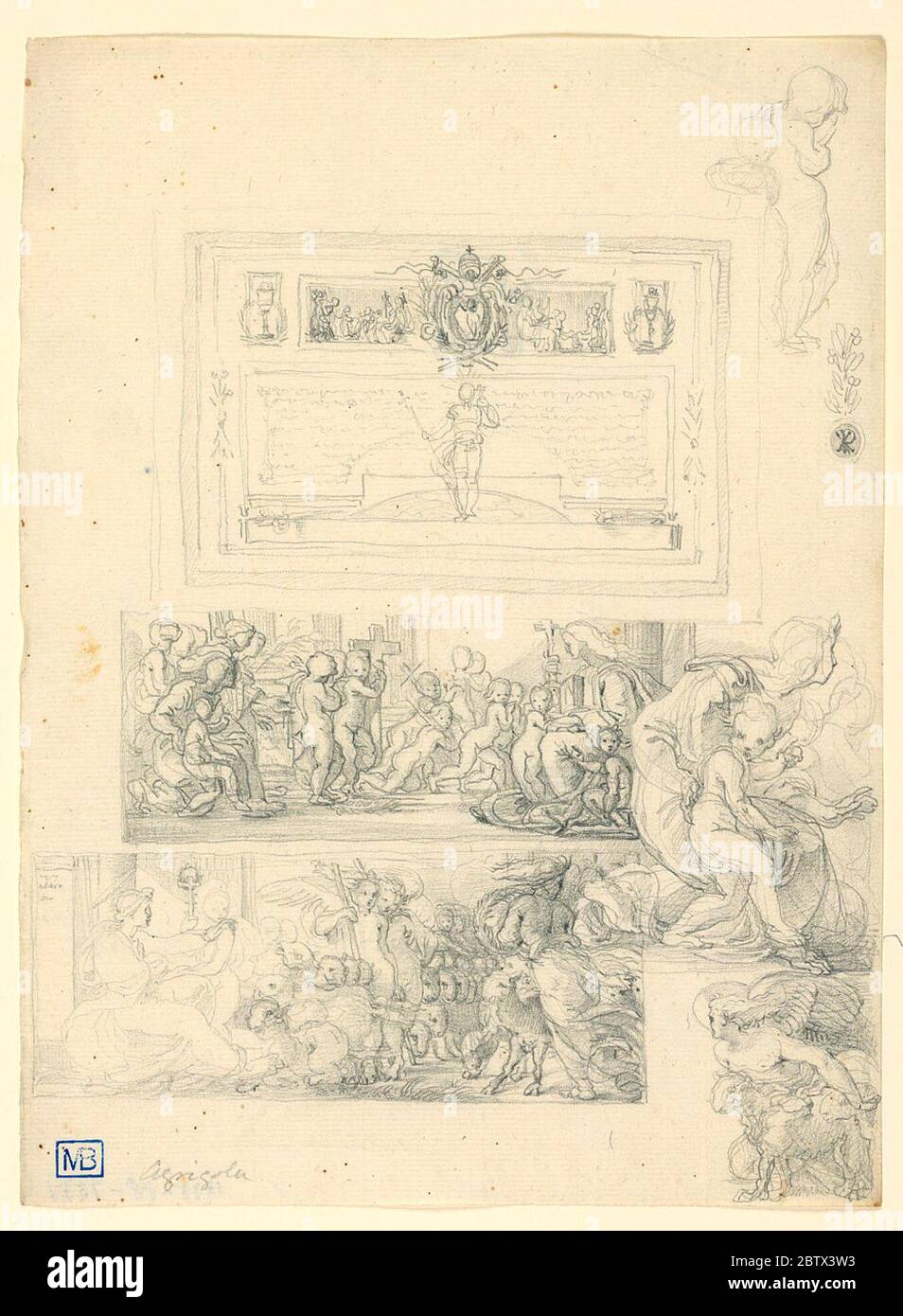 Disegno per un Certifiato stampato di una cerimonia religiosa per i bambini. Ricerca in Progressa tipo di tavoletta con spazio per un'iscrizione. Il Cristo risorto è al centro. Sopra è lo stemma di Papa Leone XII (1823-1829) davanti ad un fregio. Lateralmente sono calici con nodi e corone. Foto Stock