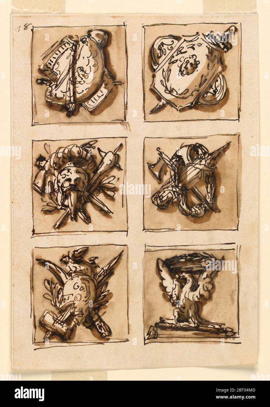 Decorazione di sei pannelli. Ricerca in ProgressLeft Row, sopra: Un trofeo di due scudi e due altre armi. Centro: Un trofeo di un casco, un'ascia da battaglia e un mace, con una corona. Sotto: Un trofeo di casco, visto da un lato, davanti a una spada attraversata da un martello (?), e una corona. Foto Stock